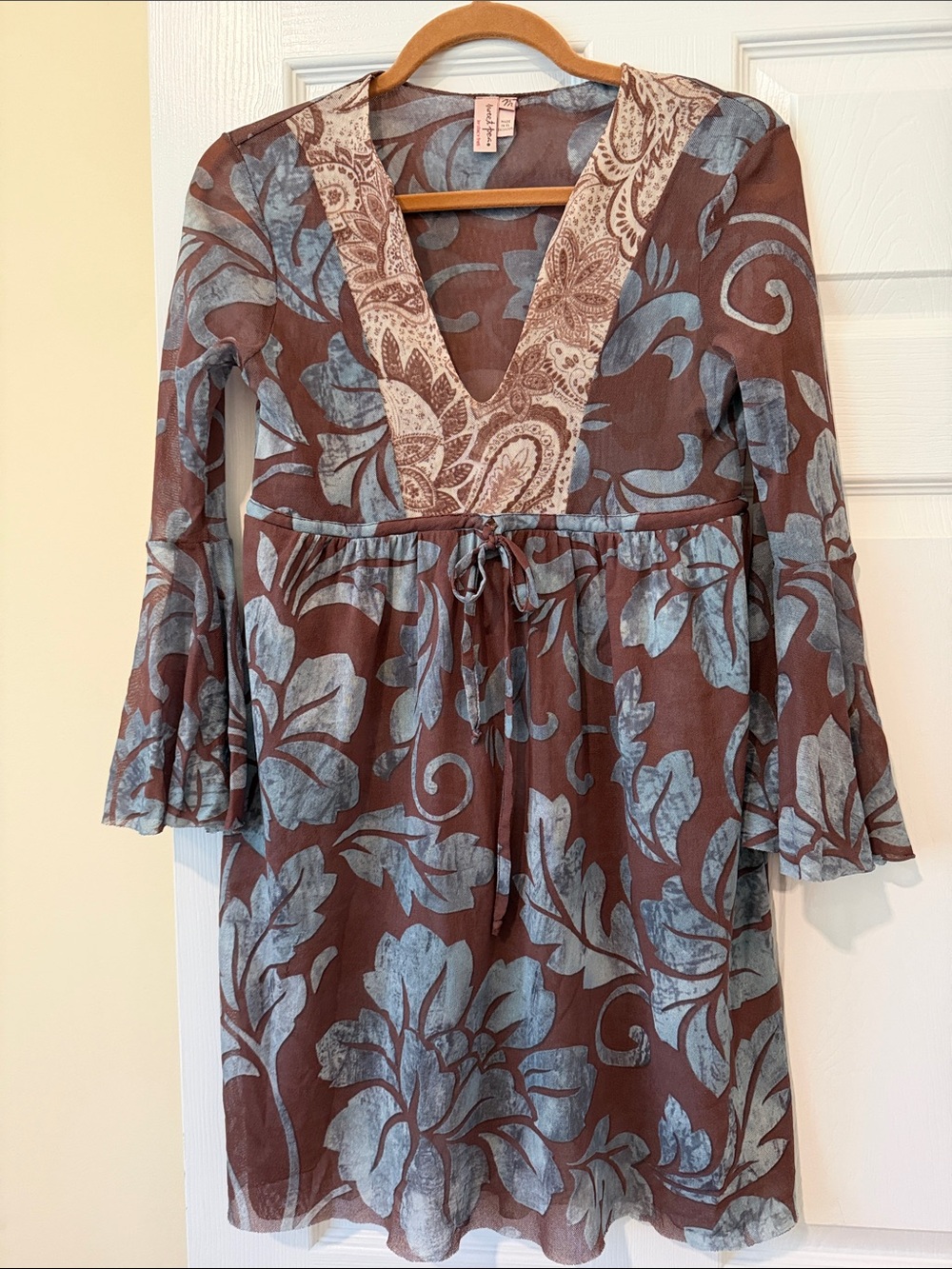 Sweet Pea by Staci Frati Brown Blue Floral Boho Babydoll Tunic Size Medium